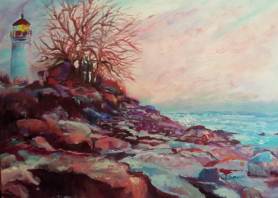 Winter at Tibbits Point Lighthouse Painting by Cheryl LaBahn Simeone