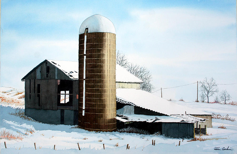 Winter Painting - Winter Barn and Silo by Jim Gerkin