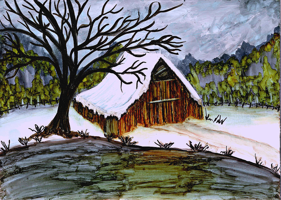 Winter Barn at the Pond Painting by Linda Stanton
