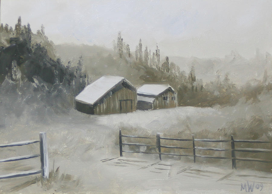 Landscape Painting - Winter Barn Landscape Oil Painting by Mark Webster