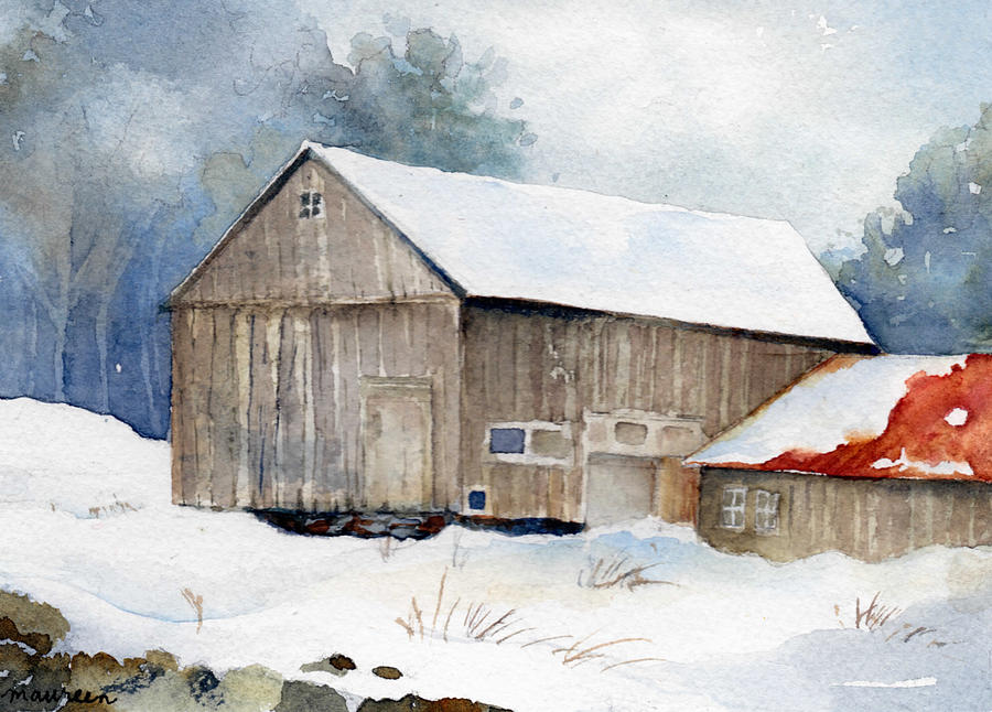 Winter Barn Painting by Maureen Moore