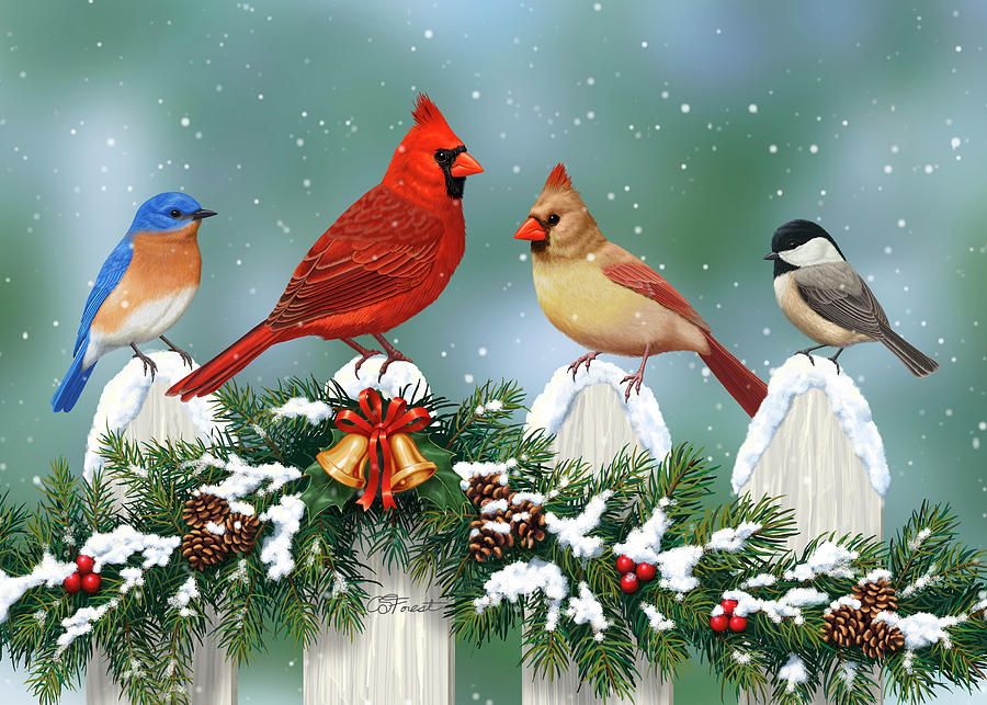 Bird Painting - Winter Birds and Christmas Garland by Crista Forest