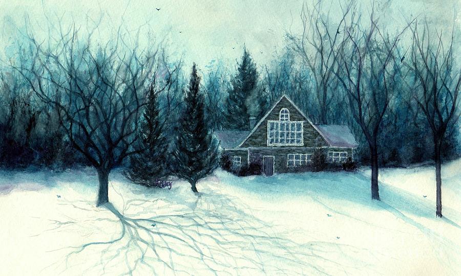 Winter Blues - Stone Chalet Cabin Painting by Janine Riley