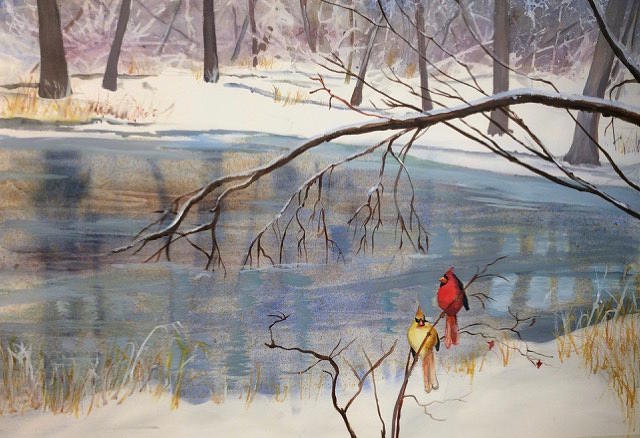 Winter Painting - Winter Cardinals by Donna Arnold