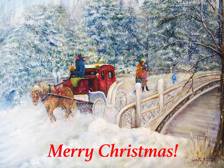 Winter Carriage in Central Park Christmas Card Painting by Loretta Luglio