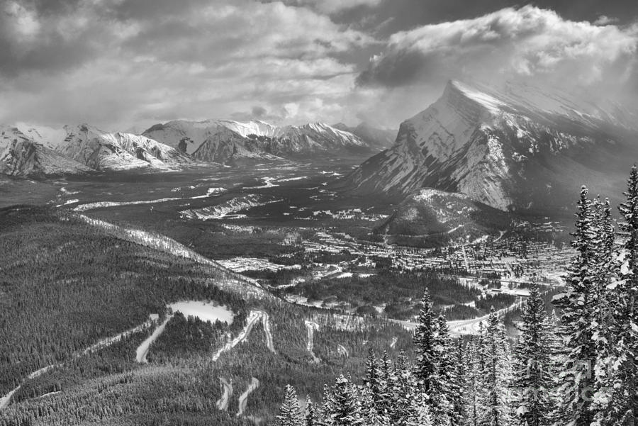 Winter Clouds Over Banff Town Black And White Photograph by Adam Jewell