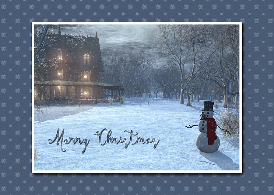 Winter Cottage and Snowman in the Moonlight  Digital Art by Jayne Wilson