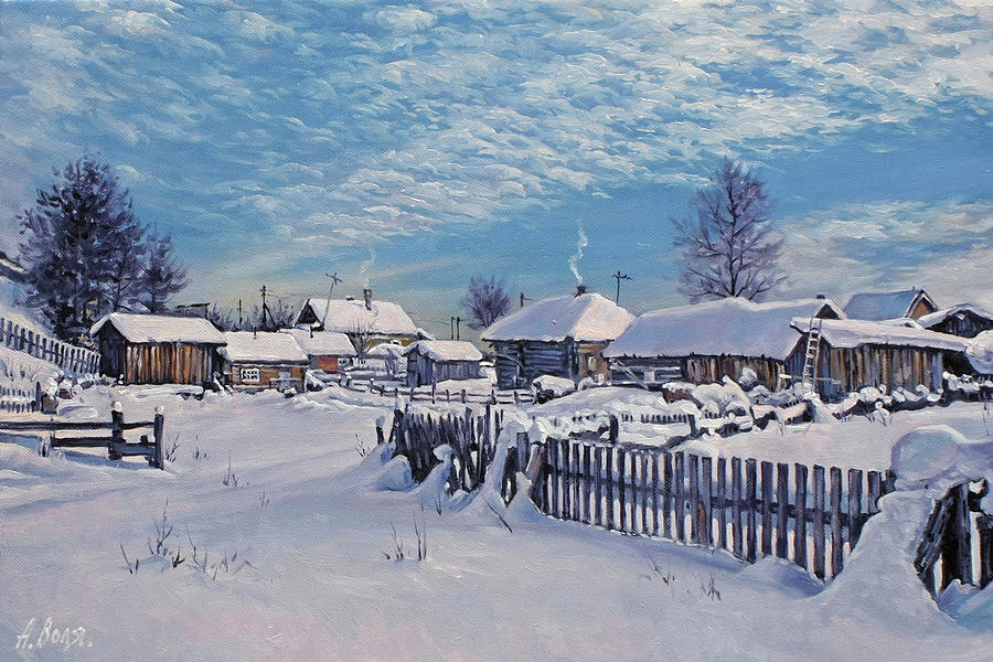 Winter Painting - Winter day in village after snowfall by Alexander Volya