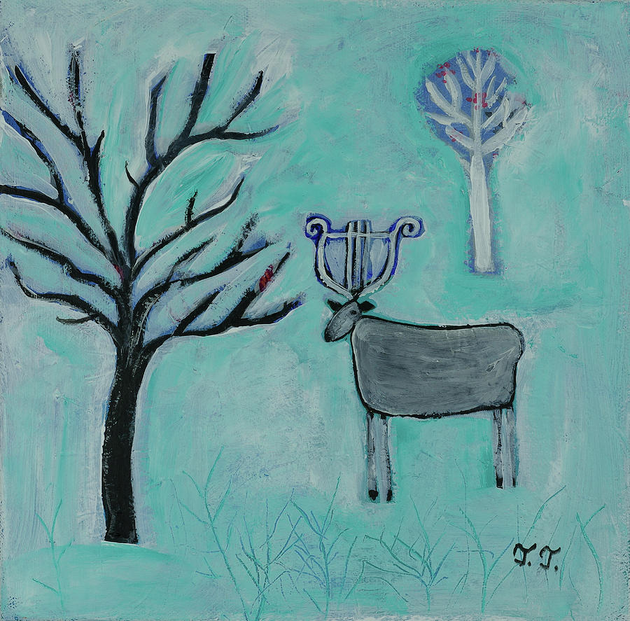 Winter Deer Painting by Teodora Totorean