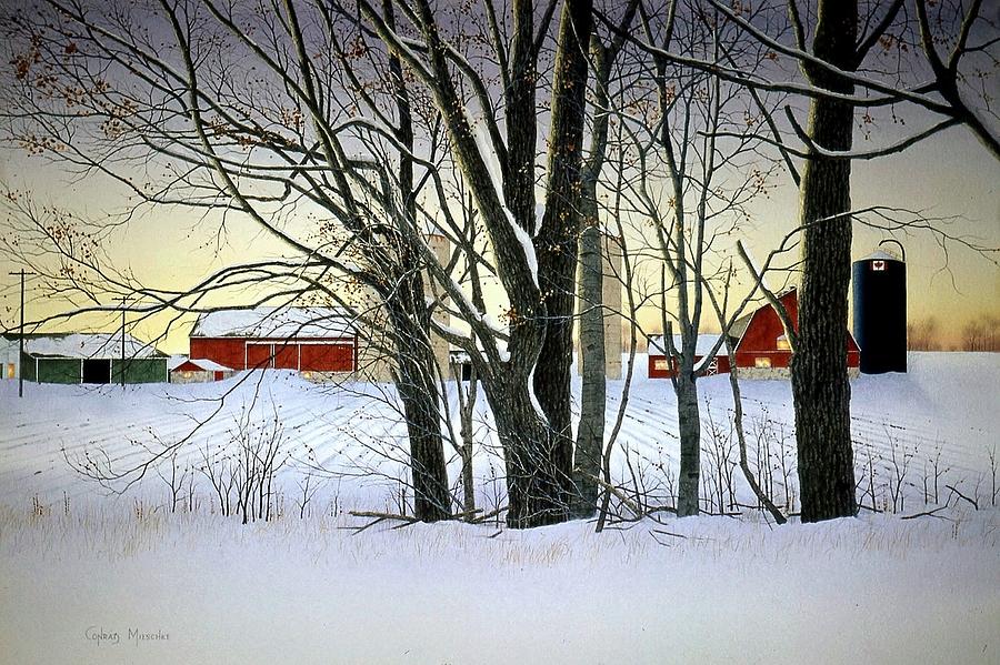 Winter Evening on the Farm Painting by Conrad Mieschke