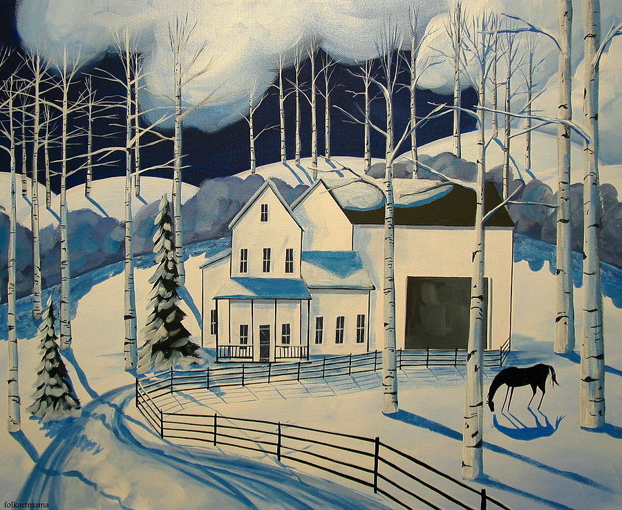 Winter Farm - a folkartmama original - folk art Painting by Debbie Criswell