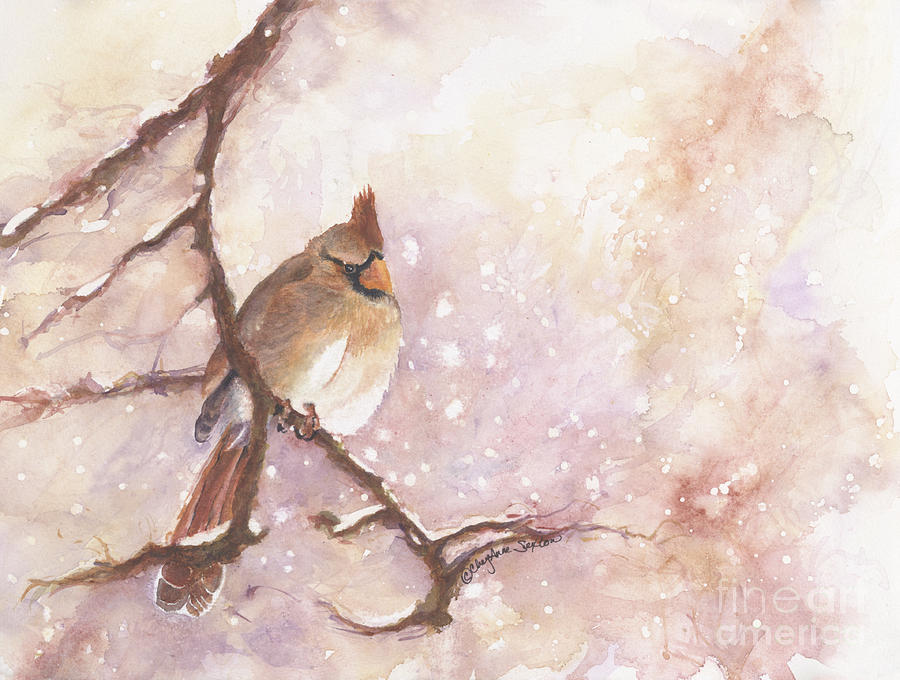Winter Female Cardinal Watercolor Painting