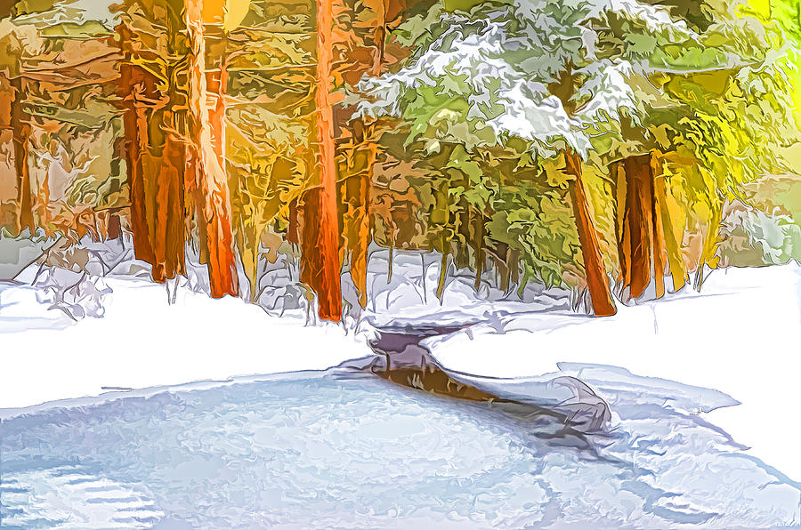 Winter forest and a river with snow and ice Painting by Jeelan Clark