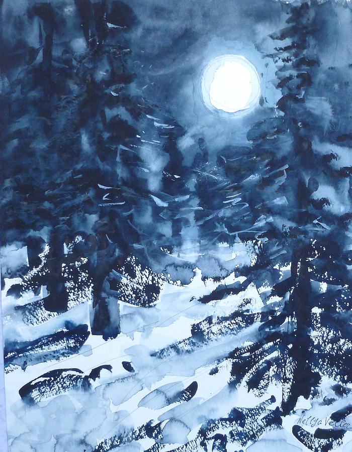 Winter Painting - Winter, forest, moon by Nellya Veller