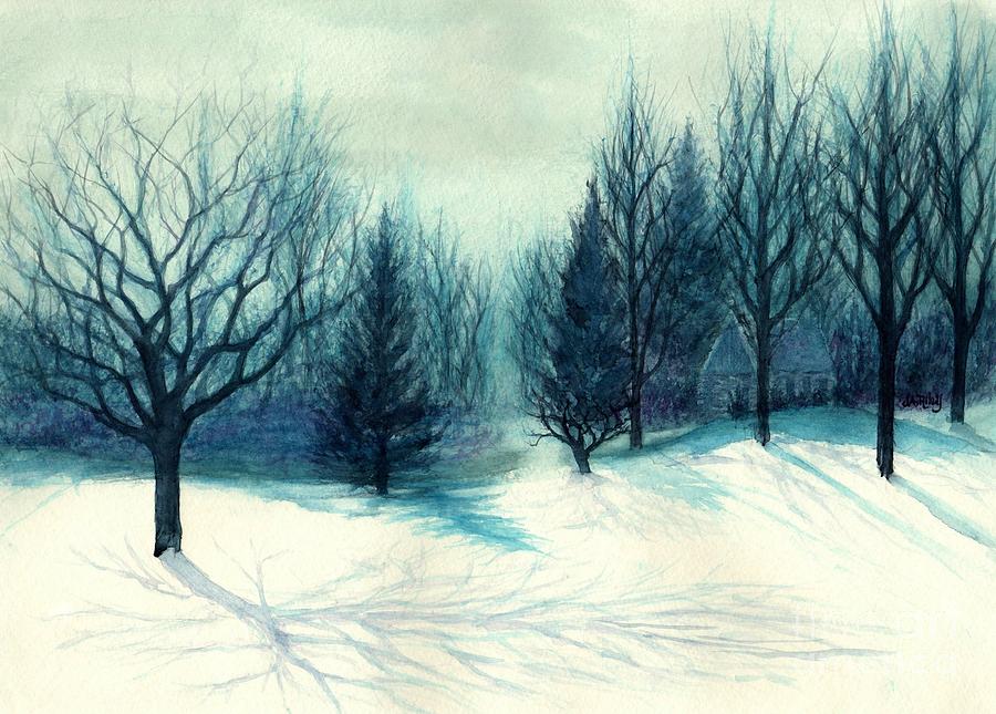 Winter Forest skyline - Winter Blues Painting by Janine Riley