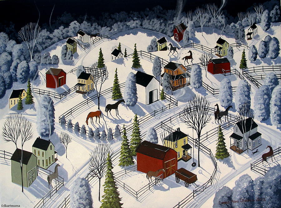 Winter Horse Farm - artist folkartmama Painting by Debbie Criswell