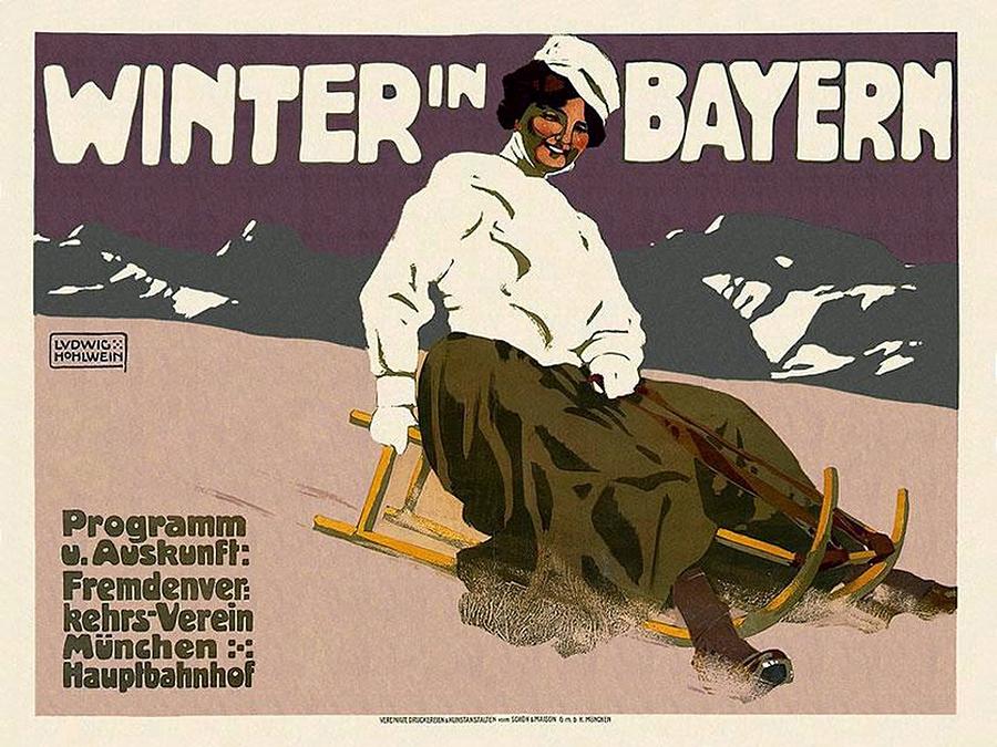 Winter Mixed Media - Winter in Bayern - Bavaria, Germany - Woman Seated on Sled - Retro travel Poster - Vintage Poster by Studio Grafiikka