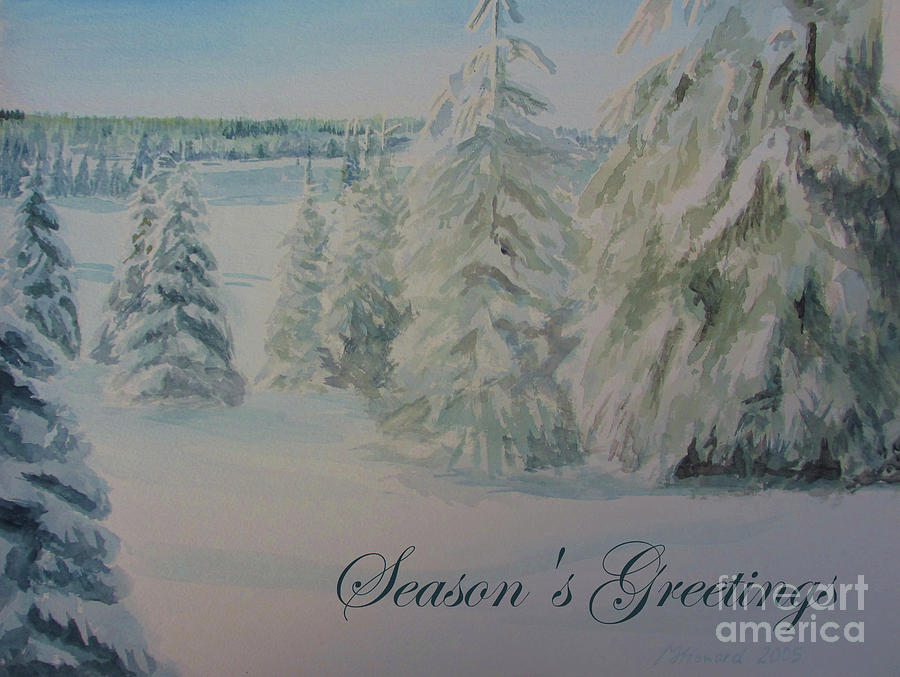 Winter In Gyllbergen Seasons Greetings Blue Text Painting by Martin Howard