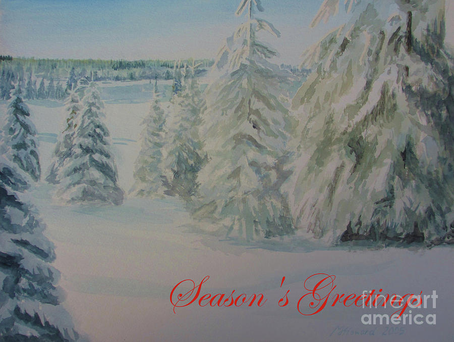 Winter In Gyllbergen Seasons Greetings Red Text Painting by Martin Howard