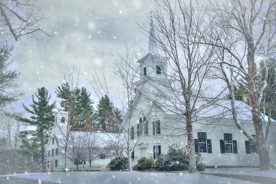 Winter in New England - White Church in Snow Photograph by Joann Vitali