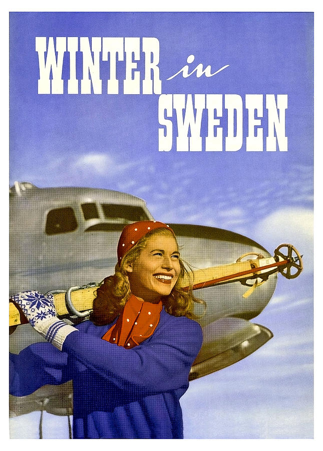 Winter in sweden woman with skies, airline travel poster Painting by Long Shot