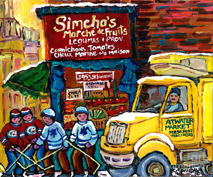 Fruit Painting - Winter In The City Montreal Memories Jewish Landmark Simchas Fruit Store Canadian Hockey Art  by Carole Spandau