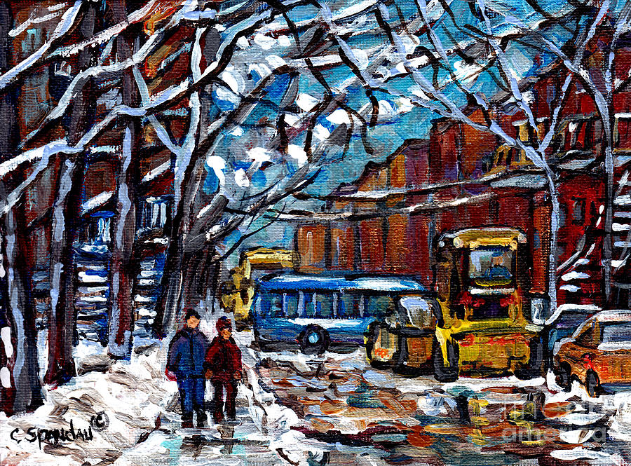 Winter In The City Montreal Verdun Snowscene Painting Snowplow And Bus Scene Canadian Art C Spandau Painting by Carole Spandau