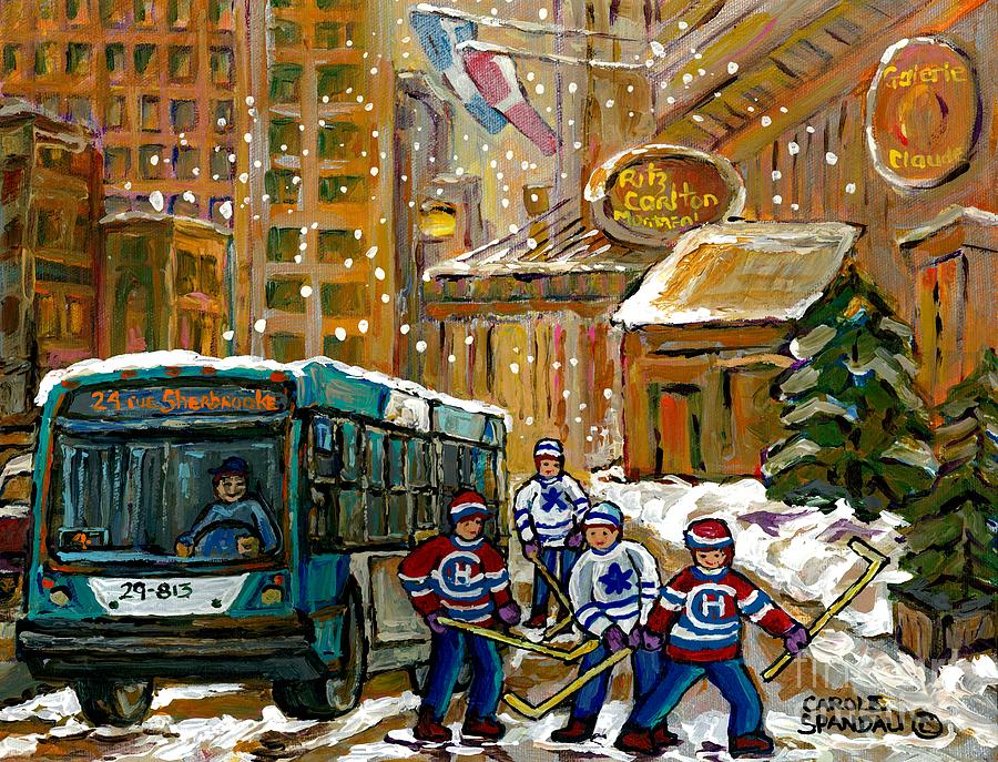 Hockey Painting - Winter In The City Ritz Carlton Snowy Bus Scene Downtown Montreal Hockey Art Canadian Artist by Carole Spandau