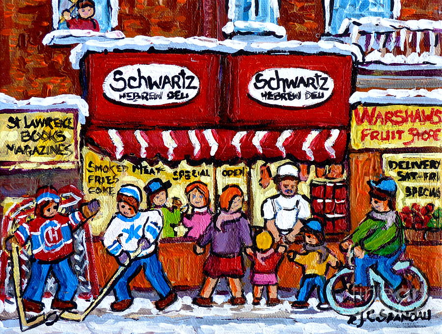 Winter In The City Street Hockey Family Fun Schwartz Deli Rue St Laurent Quebec Artist C Spandau     Painting by Carole Spandau
