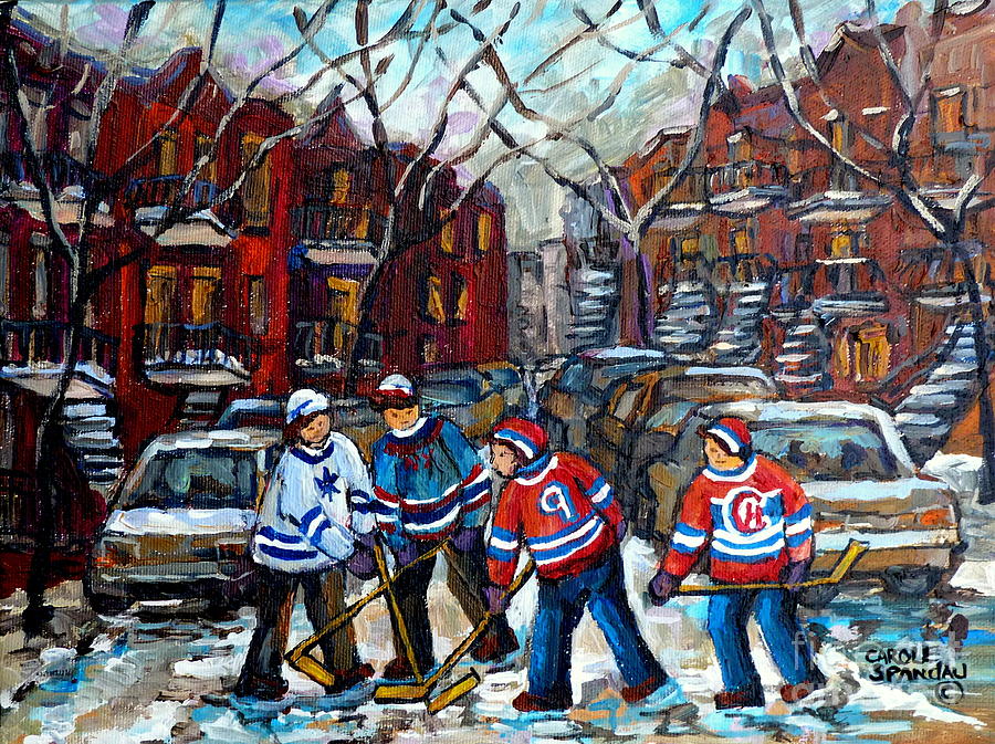 Winter In The City Street Hockey Montreal Snowy Scene Urban Quebec Painting Carole Spandau Artist Painting by Carole Spandau