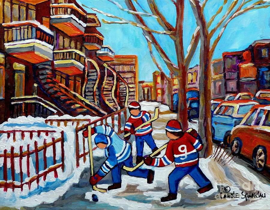 Winter In The City Street Hockey Winding Satircases Kids Shinny Hockey Game C Spandau Quebec Art     Painting by Carole Spandau