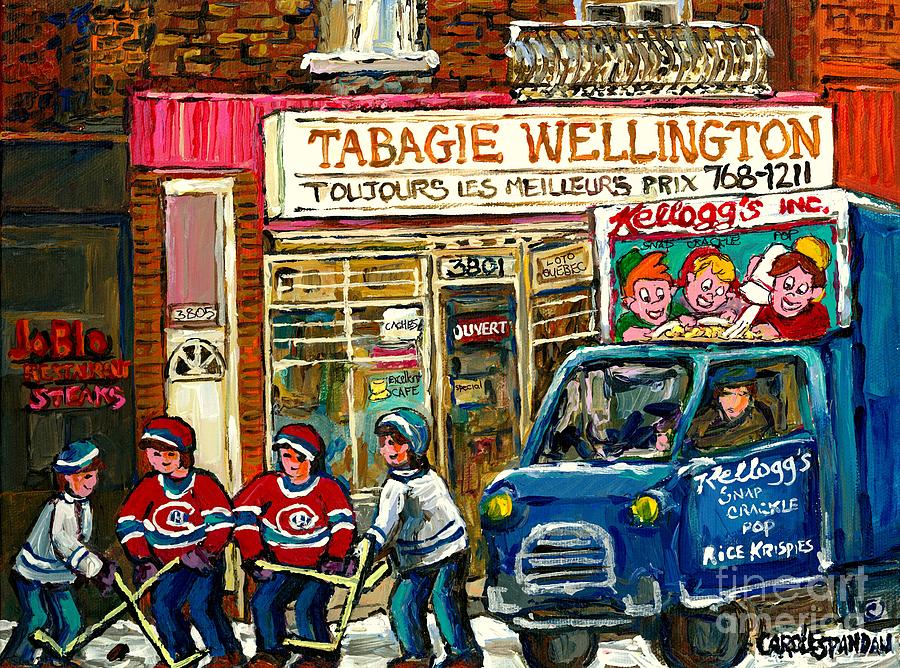 Winter In The City Tabagie Wellington Joblo Verdun Montreal Hockey Art Kelloggs Truck Canadian Art  Painting by Carole Spandau