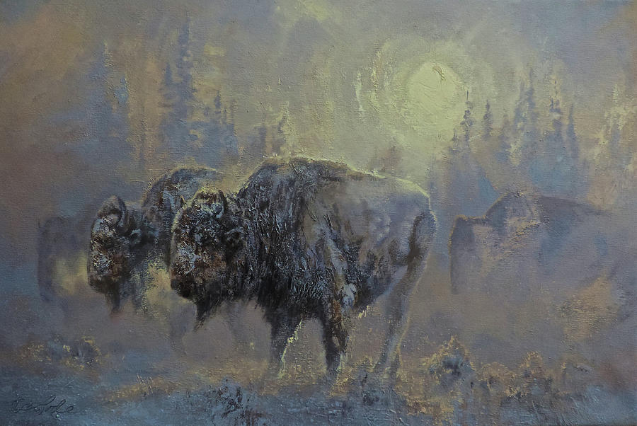 American Bison Painting - Winter in Yellowstone by Mia DeLode American Bison Painting - Winter in Yellowstone by Mia DeLode