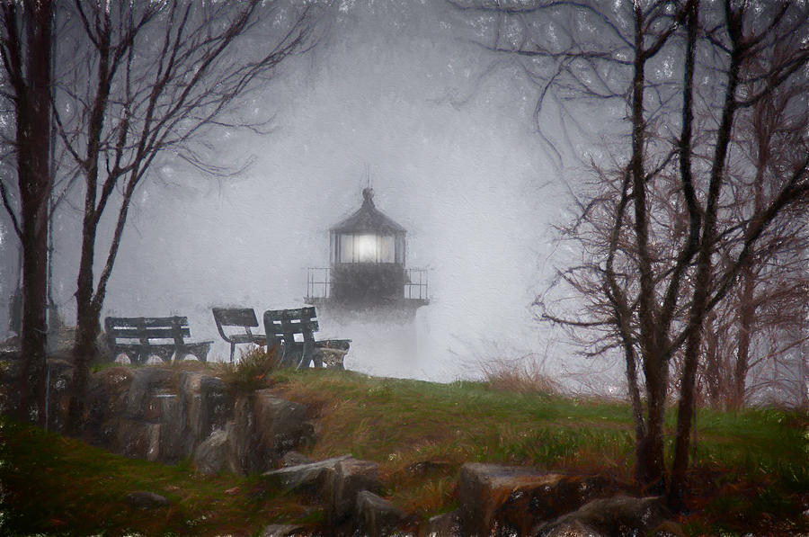 Salem Photograph - Winter Island lighthouse in fog by Jeff Folger