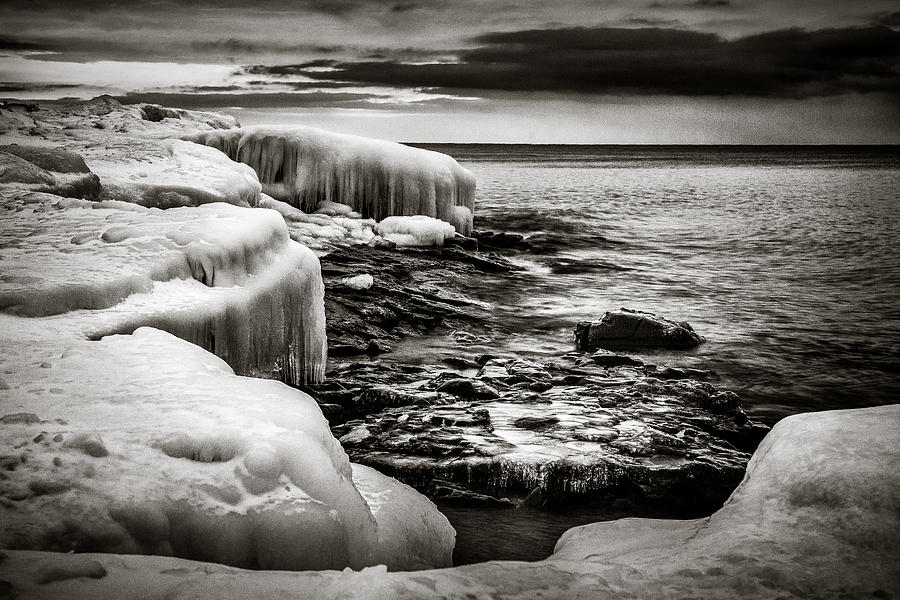 Winter Lakeshore Black and White Photograph by Rikk Flohr