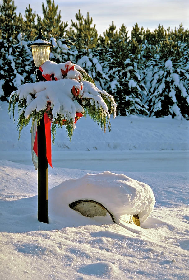 Winter lamp post in the snow with Christmas bough by Peter Pauer Winter lamp post in the snow with Christmas bough by Peter Pauer
