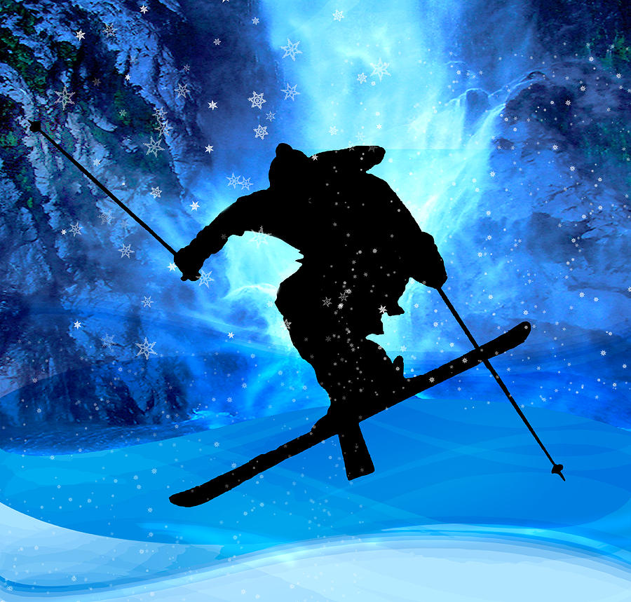 Winter Painting - Winter Landscape and Freestyle Skier by Elaine Plesser