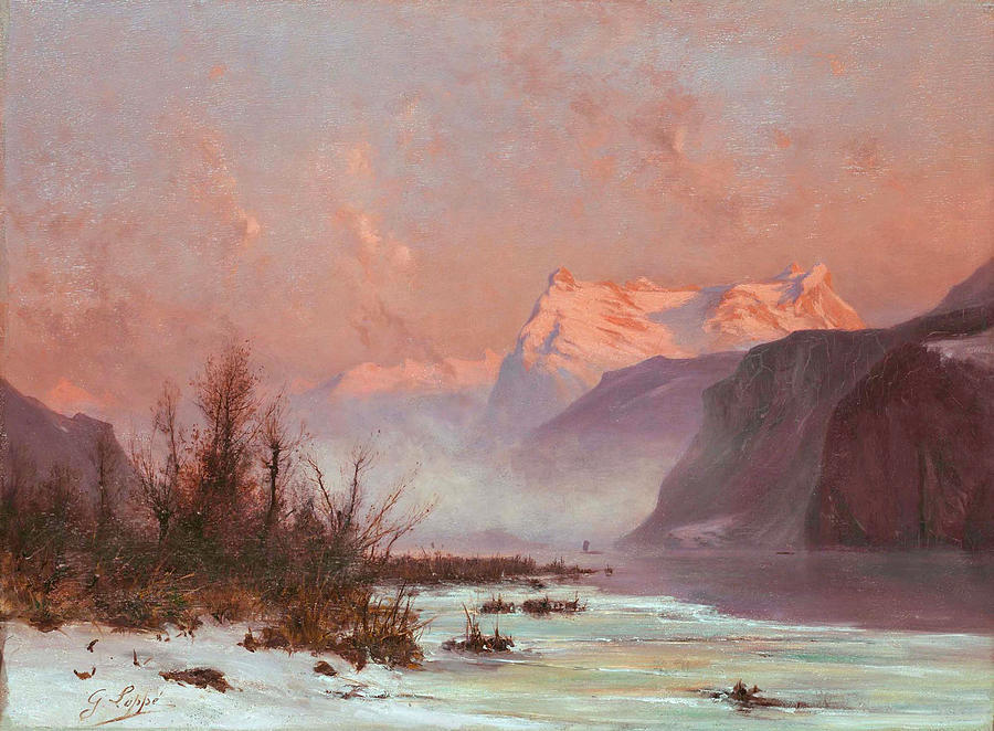 Winter Landscape at the Lake with Mountains Painting by Gabriel Loppe