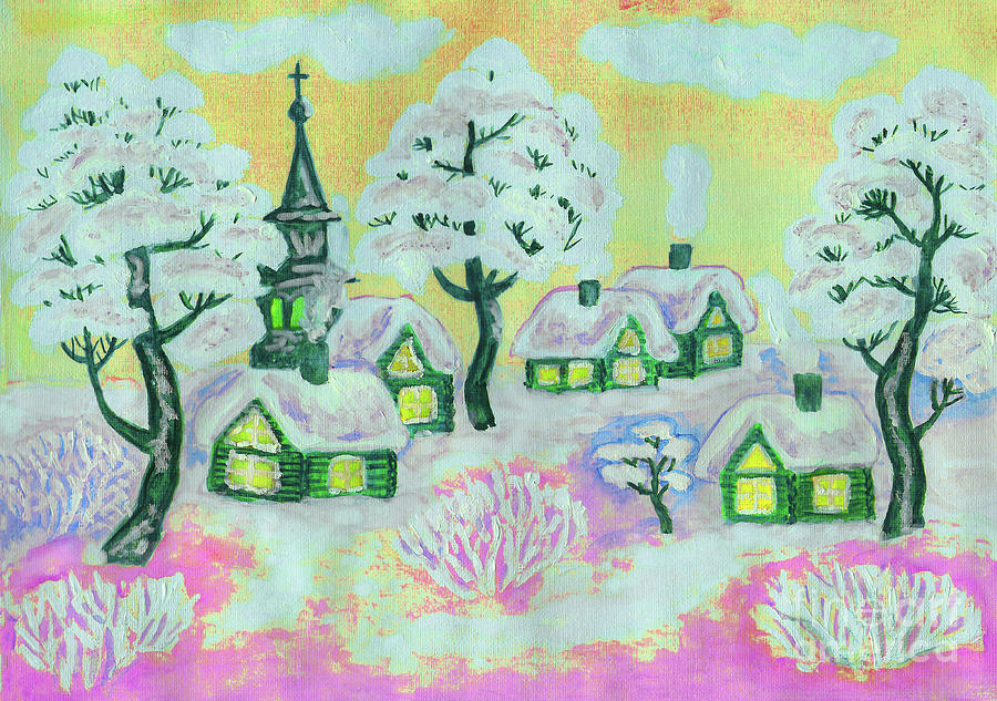 Winter landscape on yellow, painting Painting by Irina Afonskaya