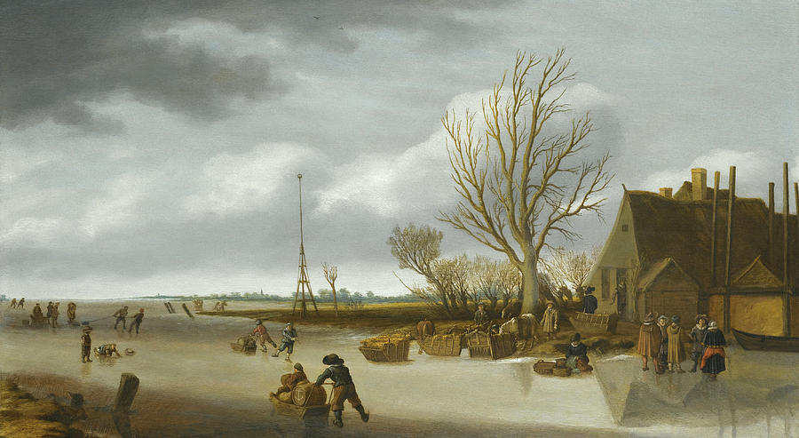 Winter Landscape with a Boy on Skates pushing a Sledge Painting by Salomon van Ruysdael