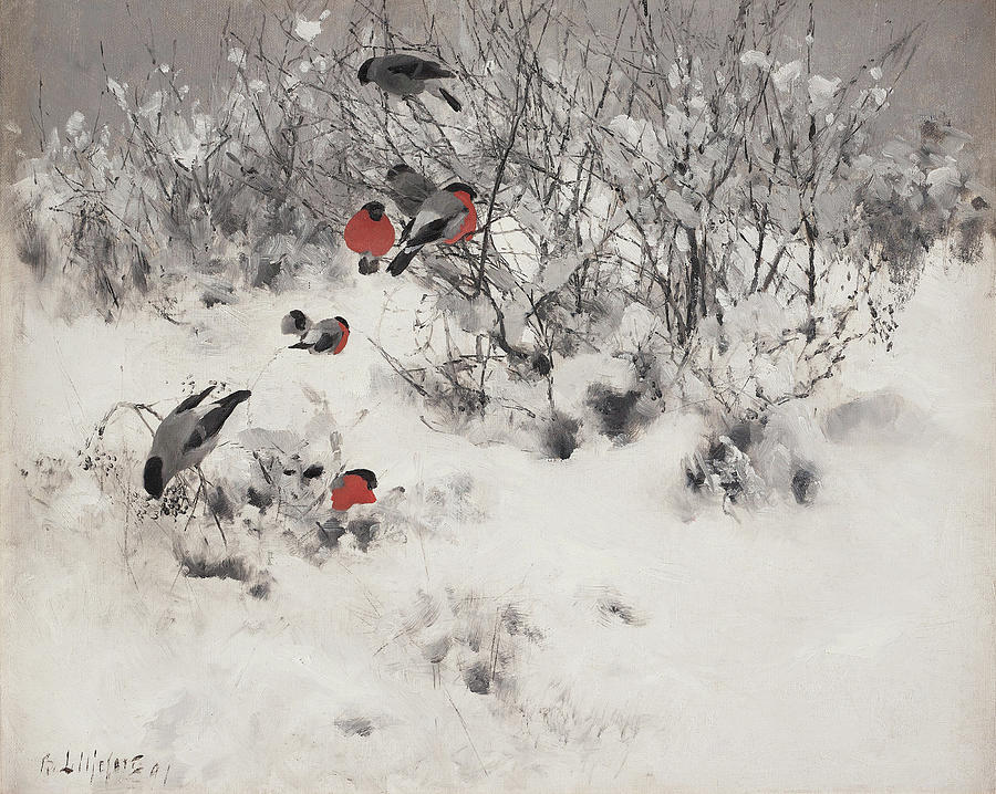 Winter landscape with bullfinches Painting by Bruno Liljefors