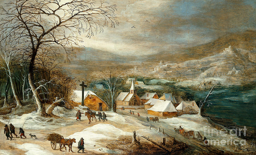 Christmas Painting -  Winter Landscape, with Figures on a Road by a Village by Joos de Momper