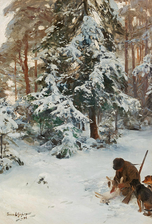 Winter Landscape with Hunters and Dogs Painting by Bruno Liljefors