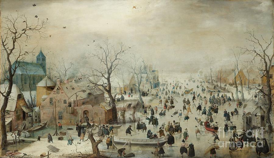 Winter Landscape with Ice Skaters Painting by Vintage Collectables