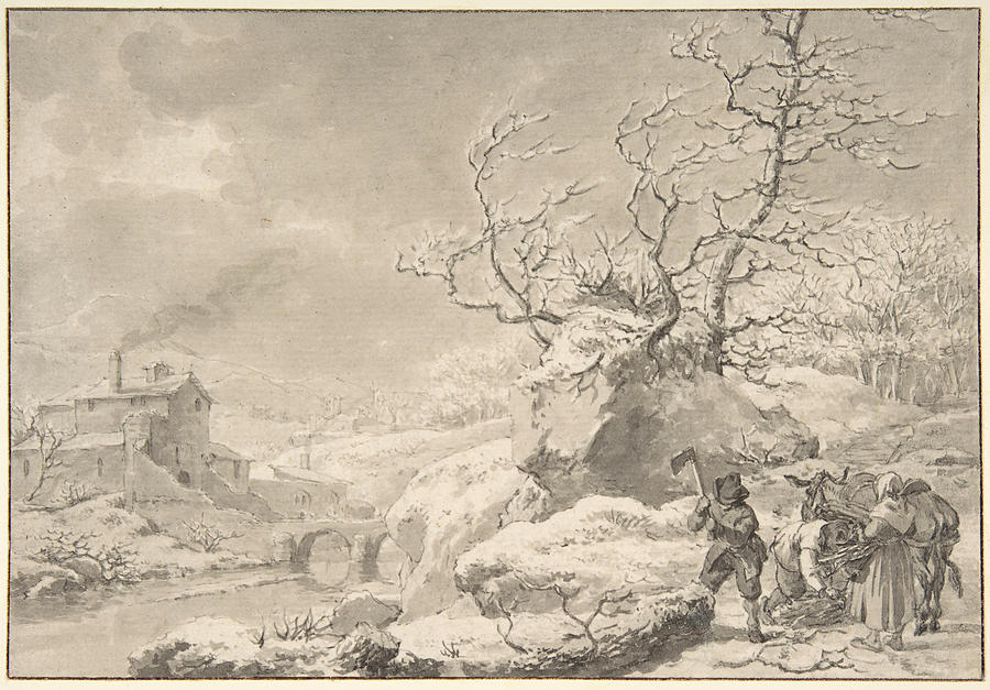 Winter Landscape with Peasants Gathering and Chopping Wood Drawing by Jacob Cats