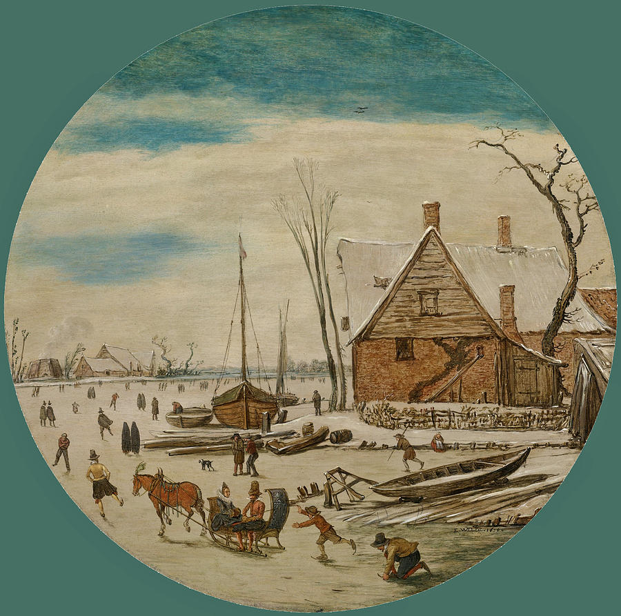 Winter Landscape with Skaters and a Farm House Painting by Esaias van de Velde