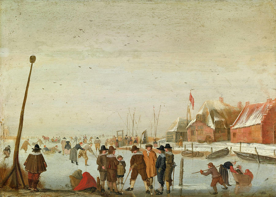 Winter Landscape with Skaters and Colfers on a Frozen Inlet Painting by Barent Avercamp