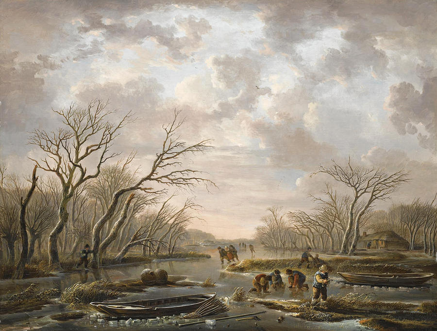 Winter landscape with skaters on a frozen canal Painting by Andries Vermeulen