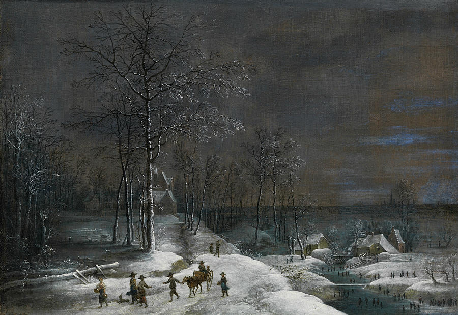 Winter landscape with snowy water mill and figures Painting by Lucas van Uden