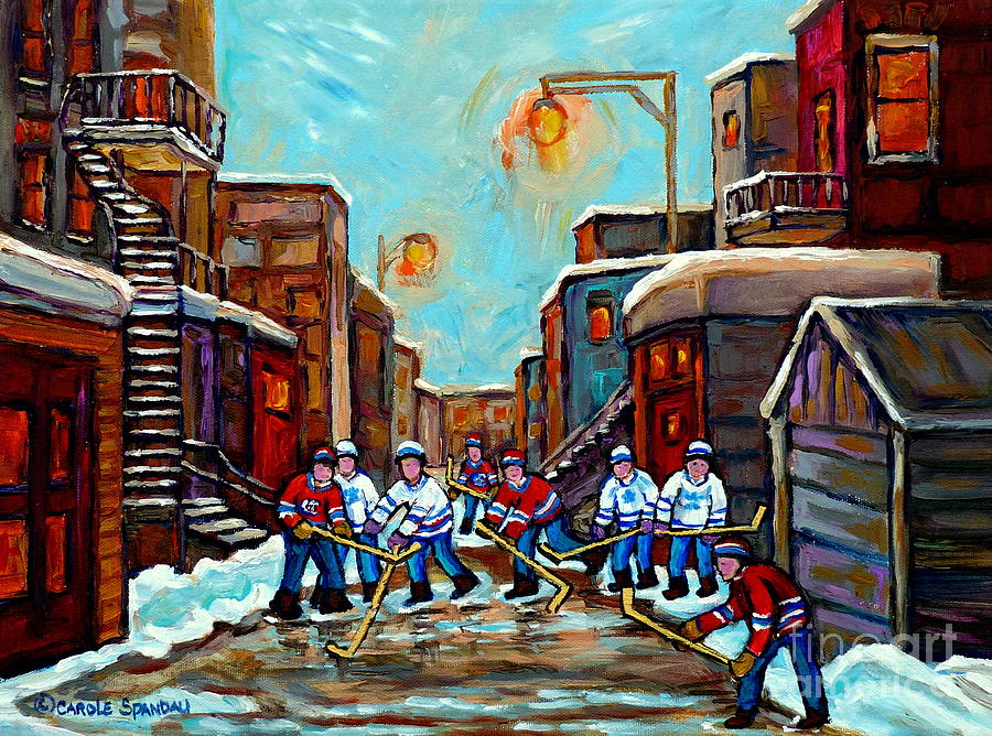 Winter Lane Hockey Art Paintings For Sale Canadian Winter Scene Paintings For Sale C Spandau Artist Painting by Carole Spandau